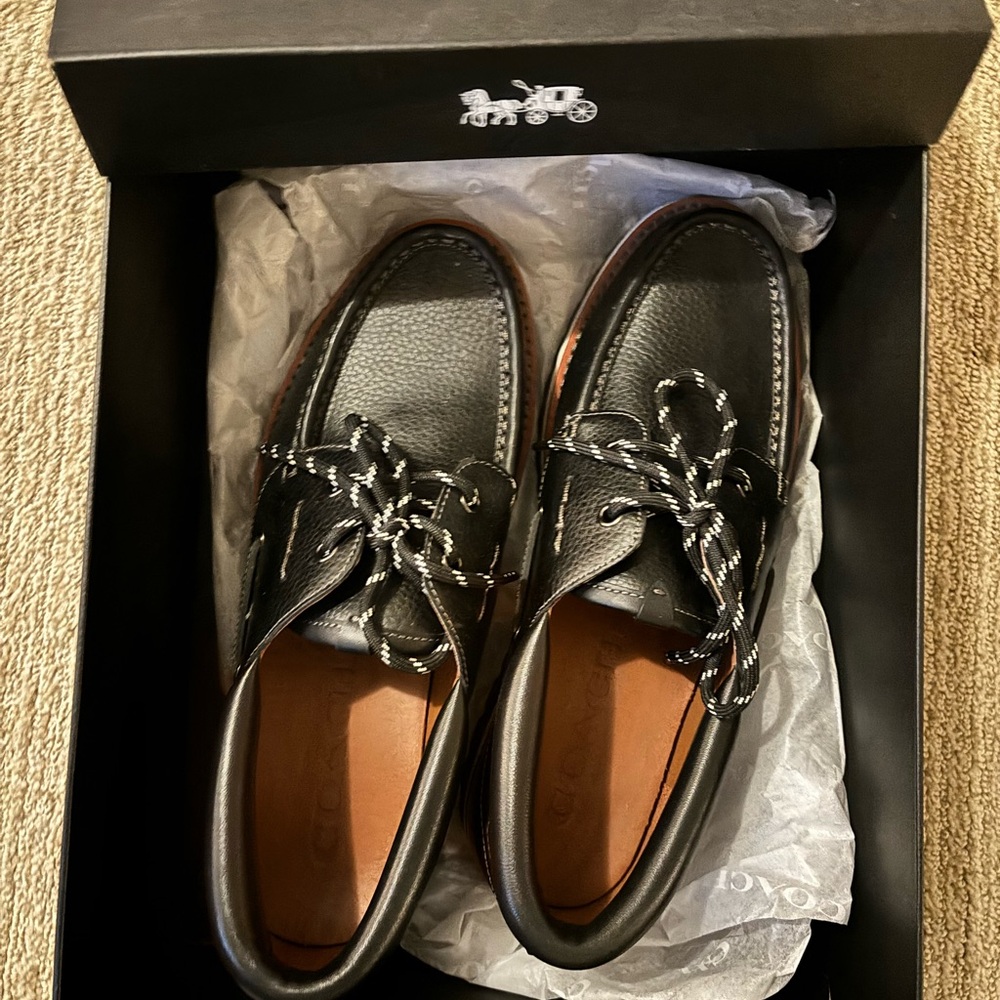 Coach Black Leather Boat Shoes with Woven Design - Picture 2 of 4